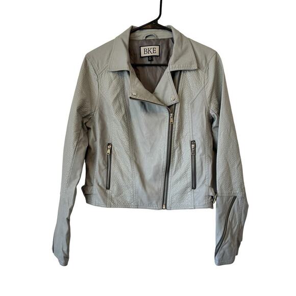 BKE Asymmetrical Zip Front Faux‎ Leather Jacket - Light Gray - Zipper Sleeve - M - Picture 3 of 15